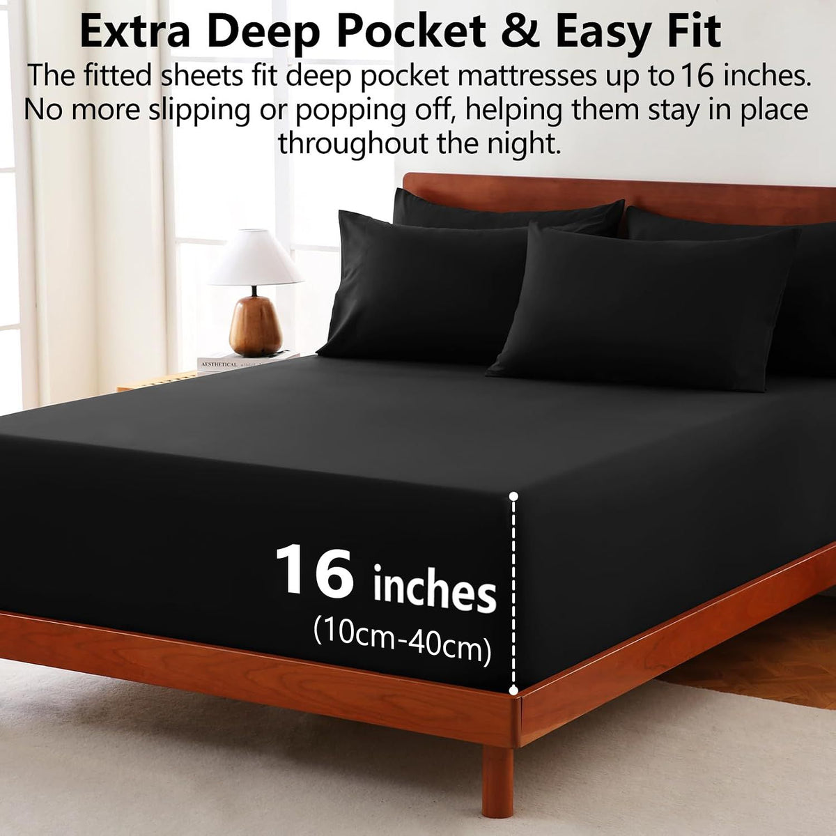 Hotel Soft Bed Sheet Set- Bedding Sheets & Pillowcases -Breathable Bedding - Wrinkle, Fade, Stain Resistant-Deep Pocket Flat Fitted Bed Sheet Set(Black,Super King)