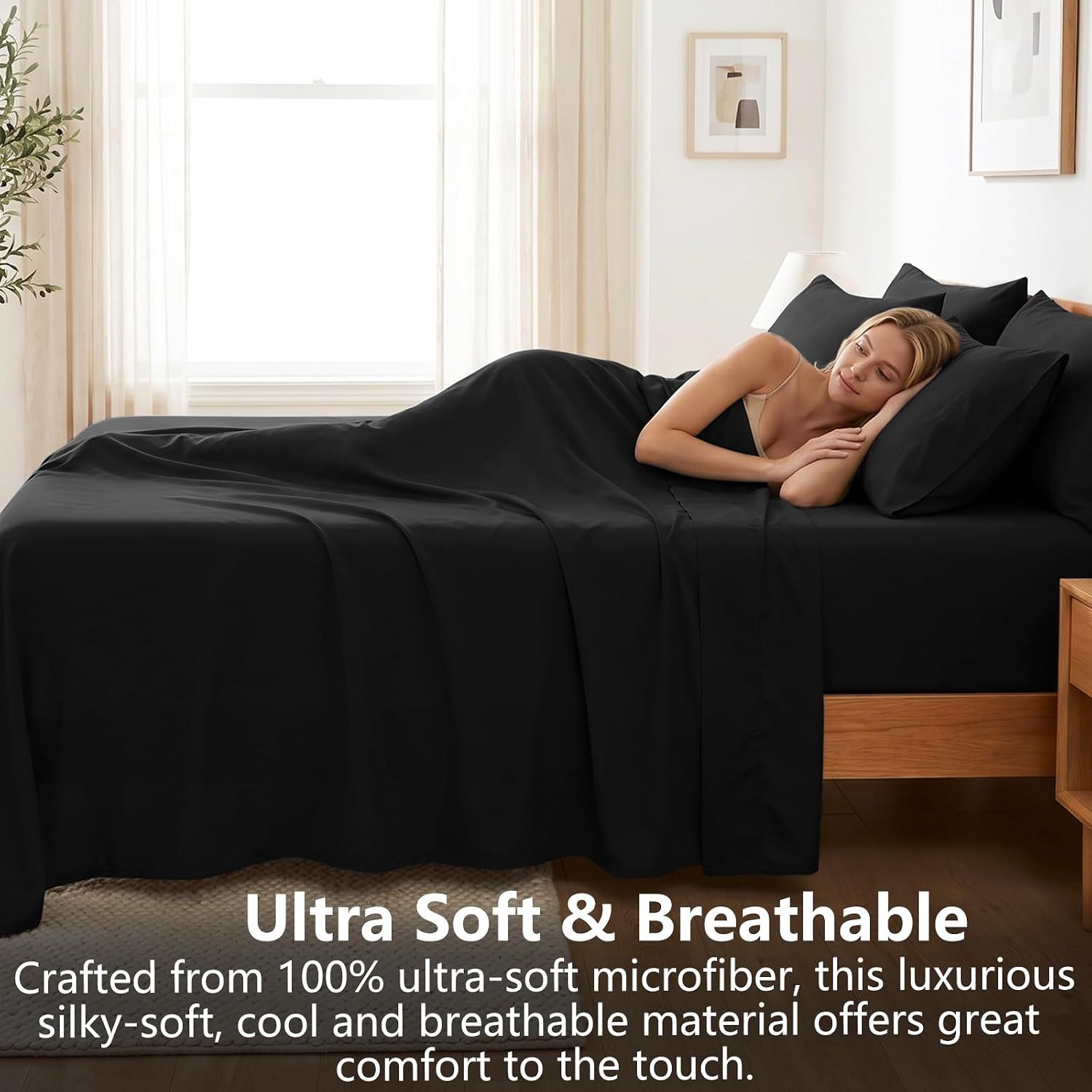 Hotel Soft Bed Sheet Set- Bedding Sheets & Pillowcases -Breathable Bedding - Wrinkle, Fade, Stain Resistant-Deep Pocket Flat Fitted Bed Sheet Set(Black,Super King)