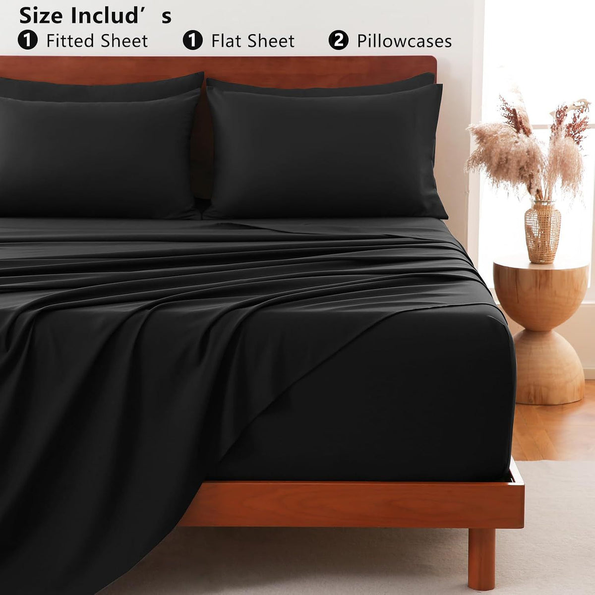 Hotel Soft Bed Sheet Set- Bedding Sheets & Pillowcases -Breathable Bedding - Wrinkle, Fade, Stain Resistant-Deep Pocket Flat Fitted Bed Sheet Set(Black,Super King)