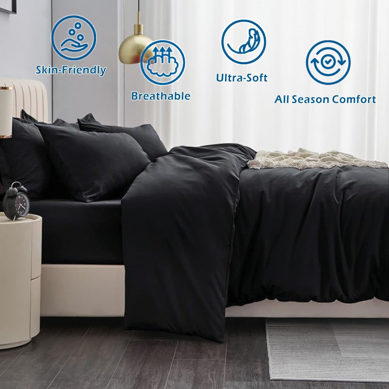 3 Piece Hotel Soft Microfiber Quilt Cover Set-2000TC Duvet/Donna Cover Set & Pillowcases -1 Quilt Cover Zipper Closure & 1 x Pillowcases-Breathable Bedding - Wrinkle, Fade, Stain Resistant(Black,Double)
