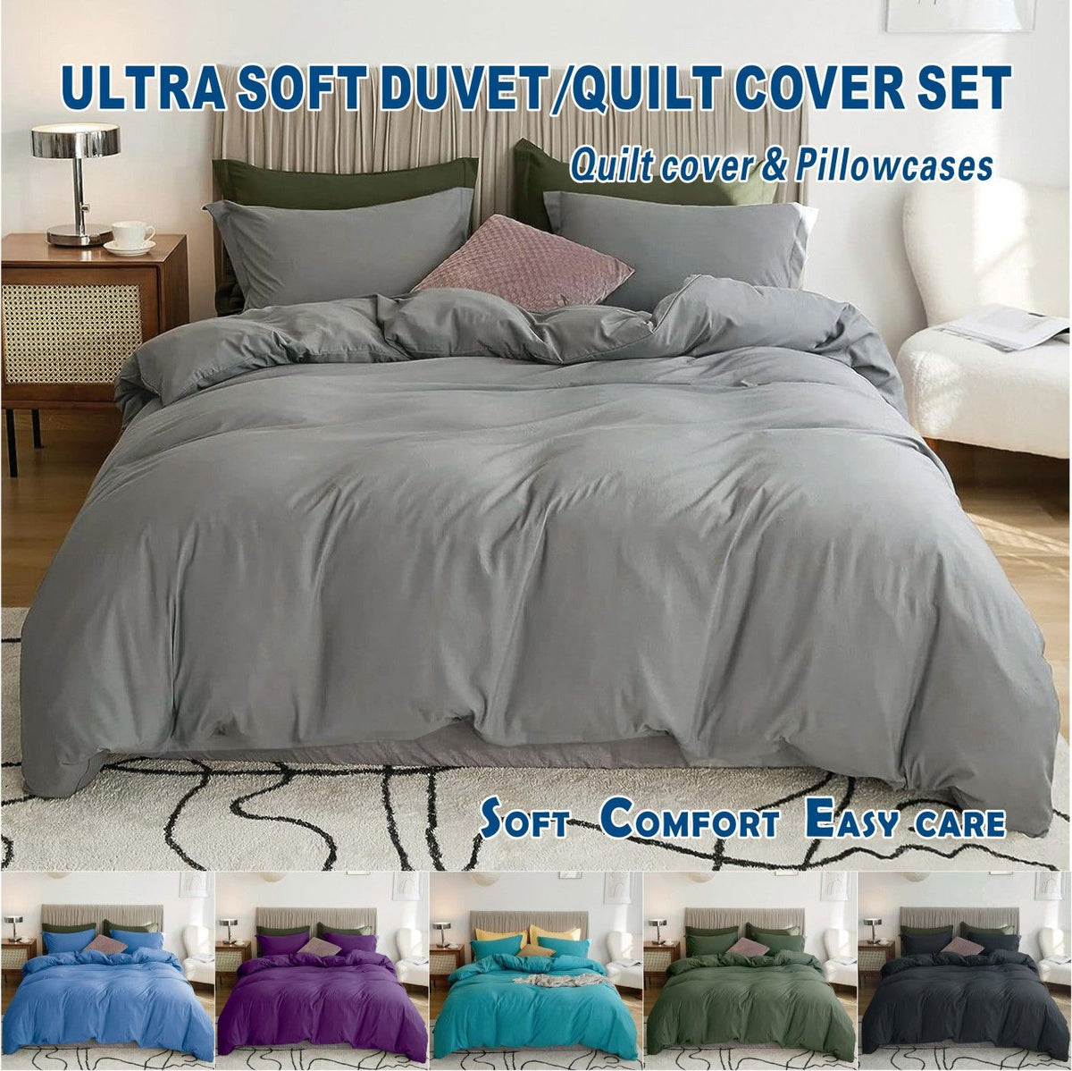 3 Piece Hotel Soft Microfiber Quilt Cover Set-2000TC Duvet/Donna Cover Set &amp; Pillowcases -1 Quilt Cover Zipper Closure &amp; 1 x Pillowcases-Breathable Bedding - Wrinkle, Fade, Stain Resistant(Grey,Double)