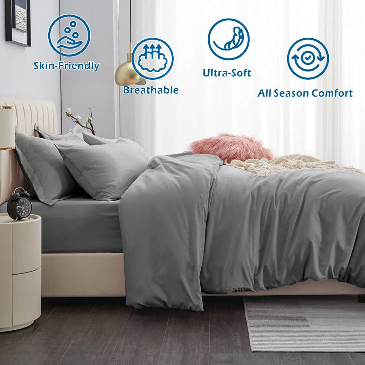 3 Piece Hotel Soft Microfiber Quilt Cover Set-2000TC Duvet/Donna Cover Set & Pillowcases -1 Quilt Cover Zipper Closure & 1 x Pillowcases-Breathable Bedding - Wrinkle, Fade, Stain Resistant(Grey,Double)