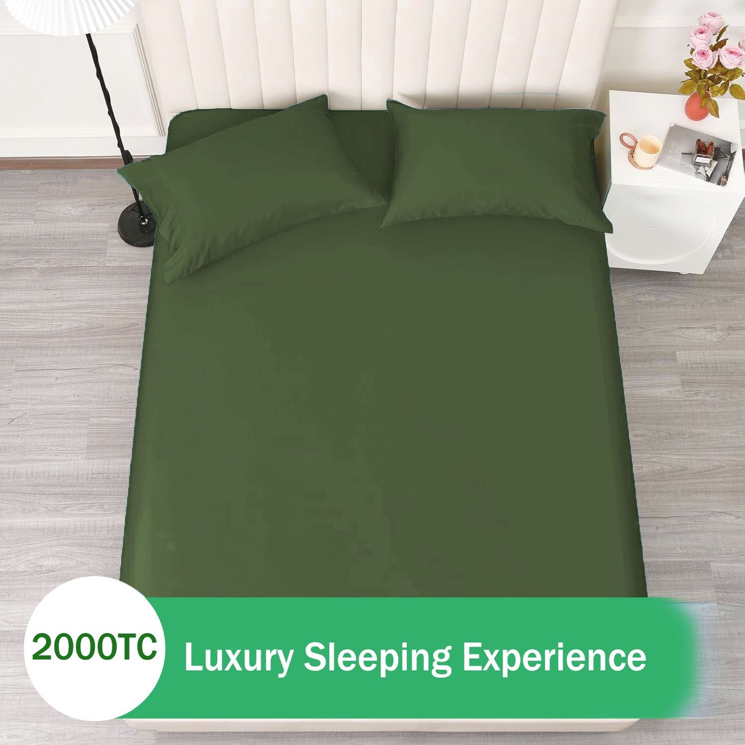 3 Piece Fitted Sheet Set- Fitted Sheet & Pillowcases -Breathable Bedding - Wrinkle, Fade, Stain Resistant- 40cm Deep Pocket Fitted Bed Sheet Set(Olive green,Double)