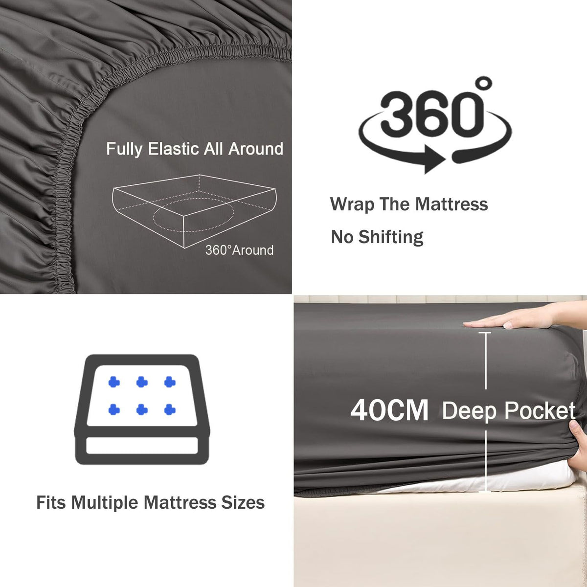 3 Piece Fitted Sheet Set- Fitted Sheet & Pillowcases -Breathable Bedding - Wrinkle, Fade, Stain Resistant- 40cm Deep Pocket Fitted Bed Sheet Set(Dark gray,Double)