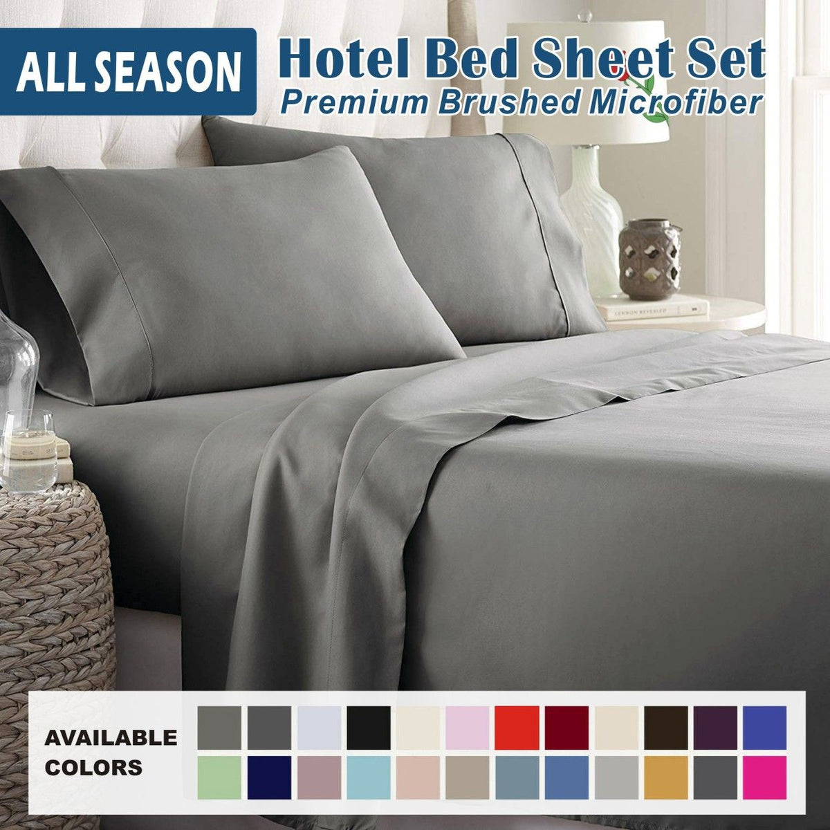4 Piece Bed Sheet Set- Bedding Sheets &amp; Pillowcases -Breathable Bedding - Wrinkle, Fade, Stain Resistant-Deep Pocket Flat Fitted Bed Sheet Set(Grey,Double)