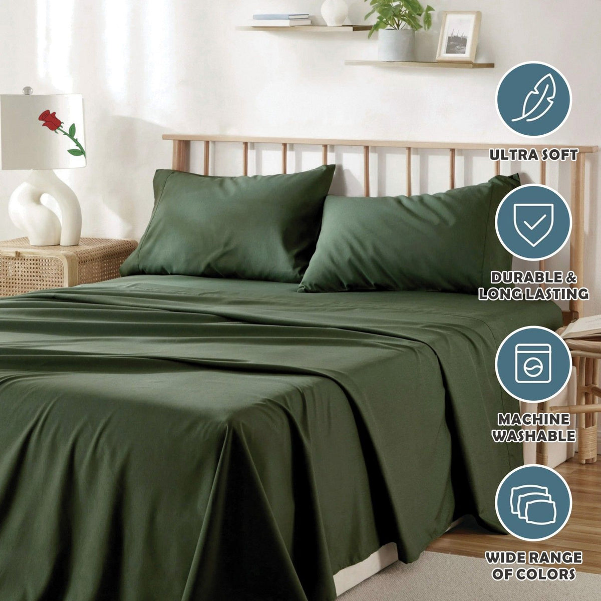 4 Piece Bed Sheet Set- Bedding Sheets & Pillowcases -Breathable Bedding - Wrinkle, Fade, Stain Resistant-Deep Pocket Flat Fitted Bed Sheet Set(Olive green,Double)