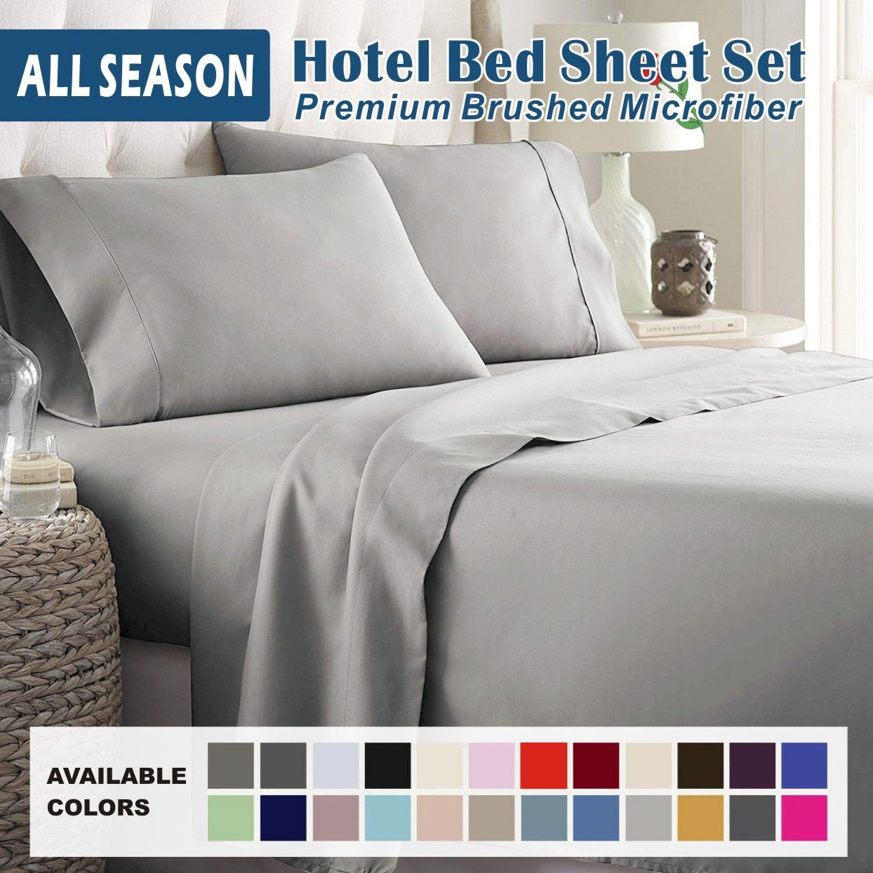 4 Piece Bed Sheet Set- Bedding Sheets & Pillowcases -Breathable Bedding - Wrinkle, Fade, Stain Resistant-Deep Pocket Flat Fitted Bed Sheet Set(Silver-gray,Double)