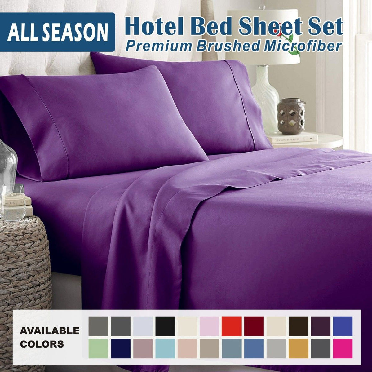 4 Piece Bed Sheet Set- Bedding Sheets &amp; Pillowcases -Breathable Bedding - Wrinkle, Fade, Stain Resistant-Deep Pocket Flat Fitted Bed Sheet Set(Purple,Double)
