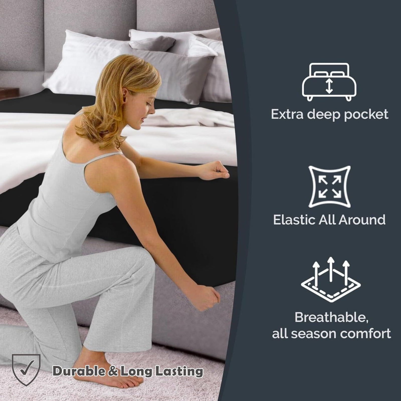 Hotel Quality Fitted Sheet - 1 Piece Fitted Sheet  -Breathable Bedding - Wrinkle, Fade, Stain Resistant- 16inch/40cm Deep Pocket Fitted Bed Sheet-Wrinkle and Fade Resistant,(Black,Double)