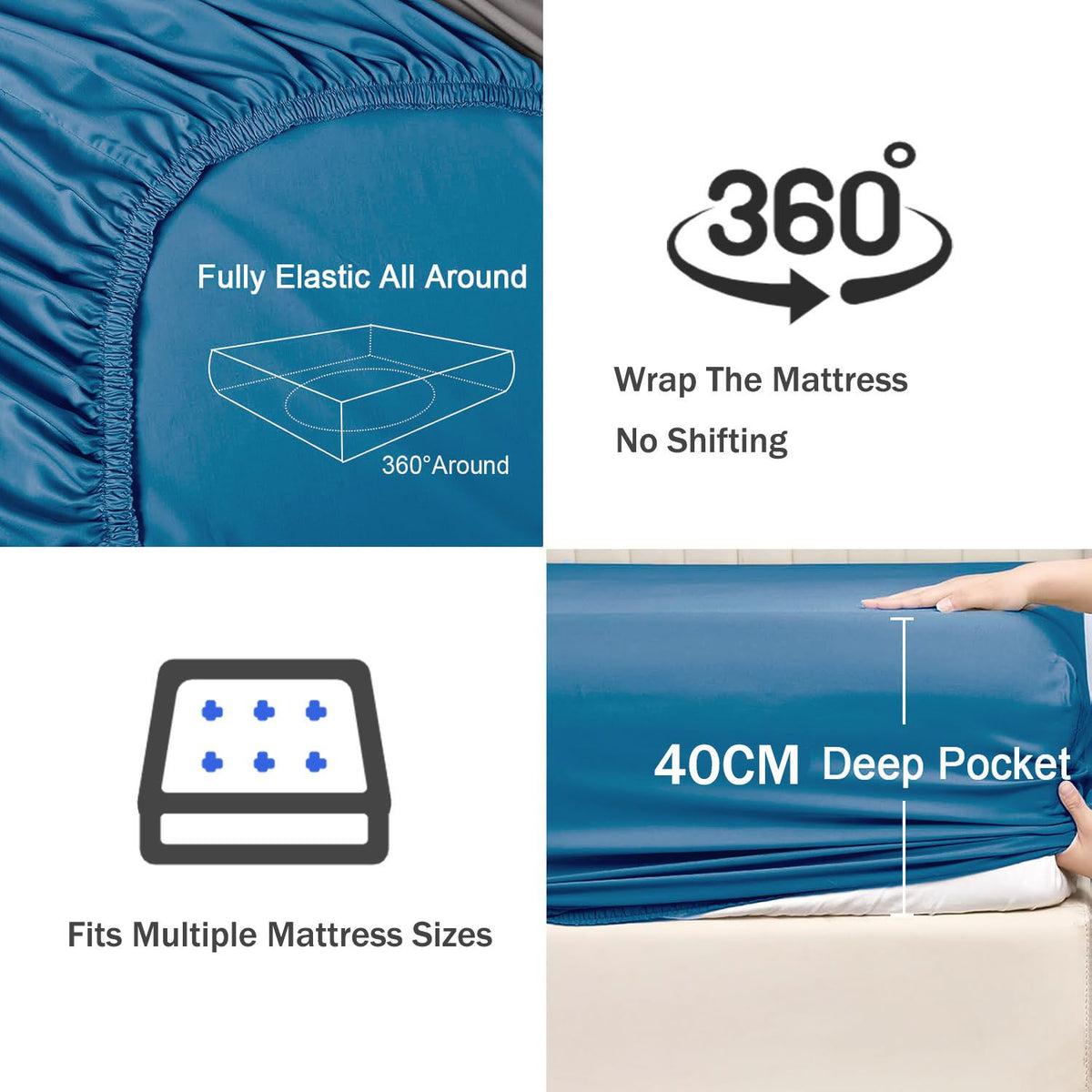 3 Piece Fitted Sheet Set- Fitted Sheet & Pillowcases -Breathable Bedding - Wrinkle, Fade, Stain Resistant- 40cm Deep Pocket Fitted Bed Sheet Set(Ocean,King)