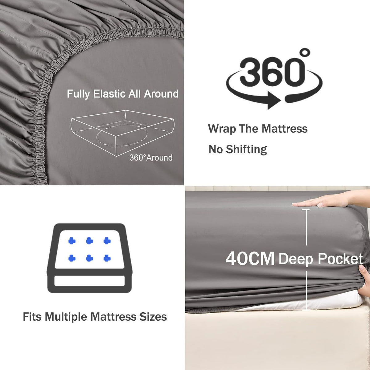 3 Piece Fitted Sheet Set- Fitted Sheet & Pillowcases -Breathable Bedding - Wrinkle, Fade, Stain Resistant- 40cm Deep Pocket Fitted Bed Sheet Set(Grey,King)