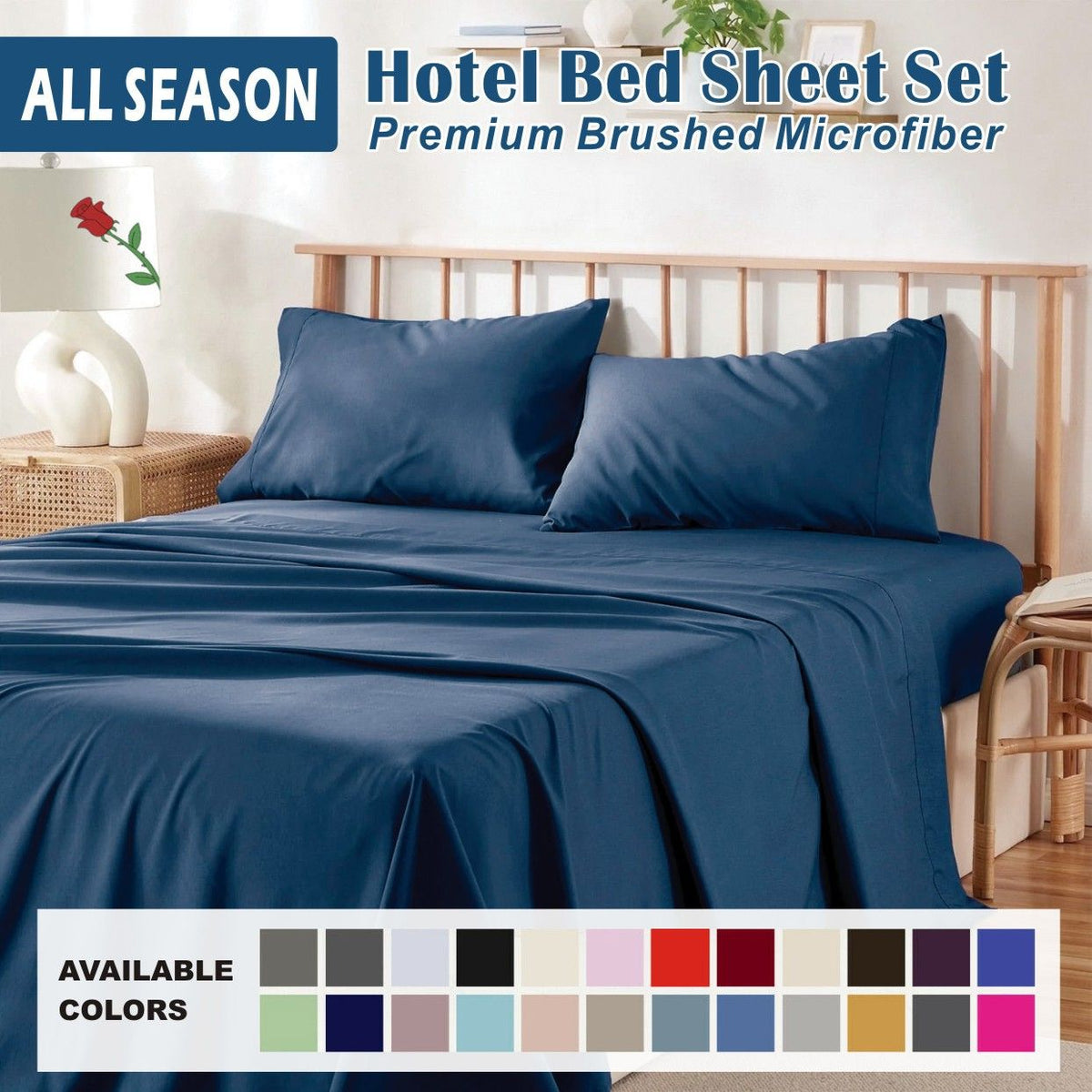 4 Piece Bed Sheet Set- Bedding Sheets &amp; Pillowcases -Breathable Bedding - Wrinkle, Fade, Stain Resistant-Deep Pocket Flat Fitted Bed Sheet Set(Navy,King)