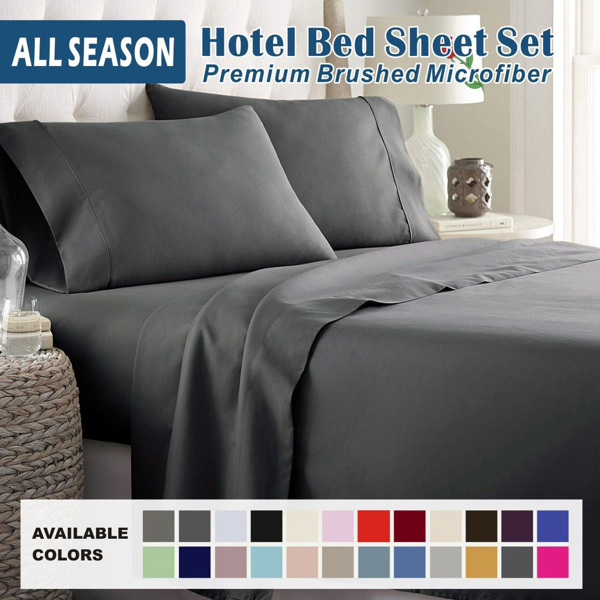 4 Piece Bed Sheet Set- Bedding Sheets &amp; Pillowcases -Breathable Bedding - Wrinkle, Fade, Stain Resistant-Deep Pocket Flat Fitted Bed Sheet Set(Dark gray,King)