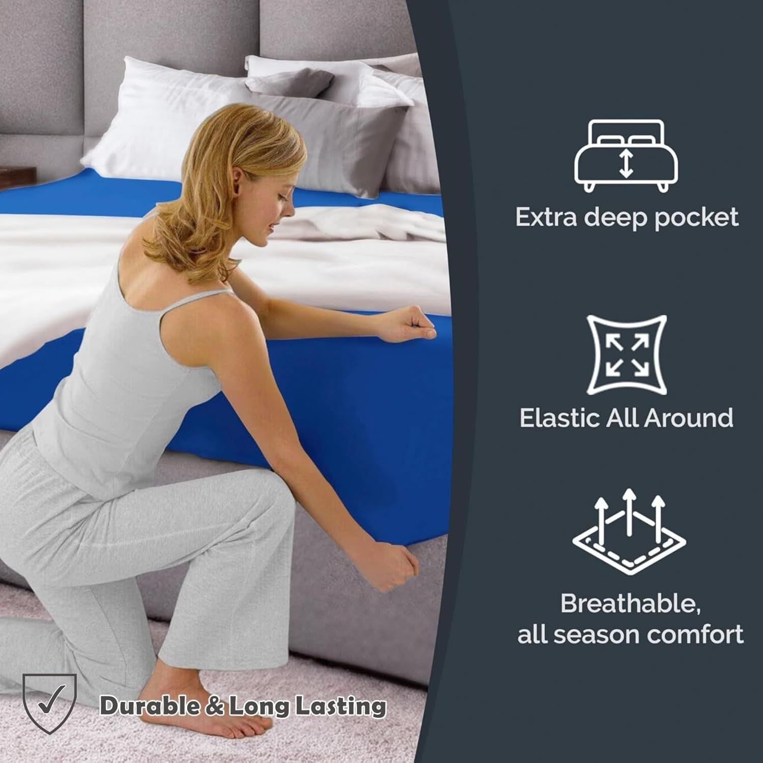 Hotel Quality Fitted Sheet - 1 Piece Fitted Sheet  -Breathable Bedding - Wrinkle, Fade, Stain Resistant- 16inch/40cm Deep Pocket Fitted Bed Sheet-Wrinkle and Fade Resistant,(Royal blue,King)