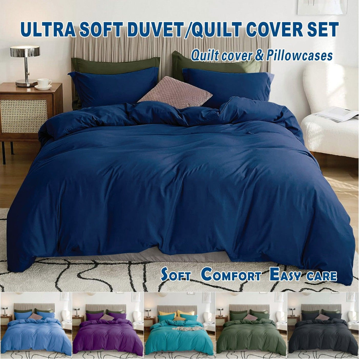 2 Piece Hotel Soft Microfiber Quilt Cover Set-2000TC Duvet/Donna Cover Set &amp; Pillowcases -1 Quilt Cover Zipper Closure &amp; 1 x Pillowcases-Breathable Bedding - Wrinkle, Fade, Stain Resistant(Navy,King Single)