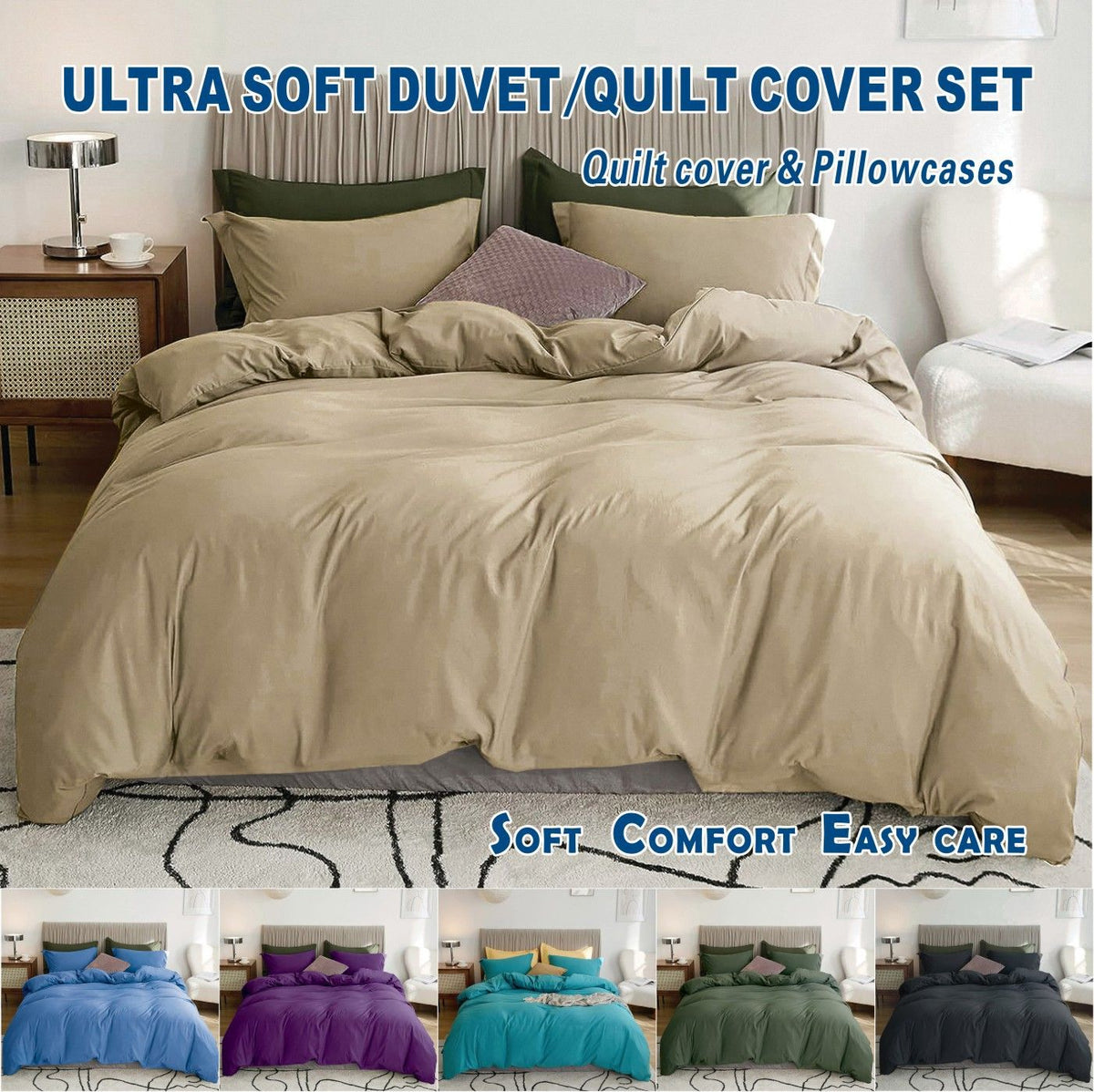 2 Piece Hotel Soft Microfiber Quilt Cover Set-2000TC Duvet/Donna Cover Set &amp; Pillowcases -1 Quilt Cover Zipper Closure &amp; 1 x Pillowcases-Breathable Bedding - Wrinkle, Fade, Stain Resistant(Camel Beige,King Single)