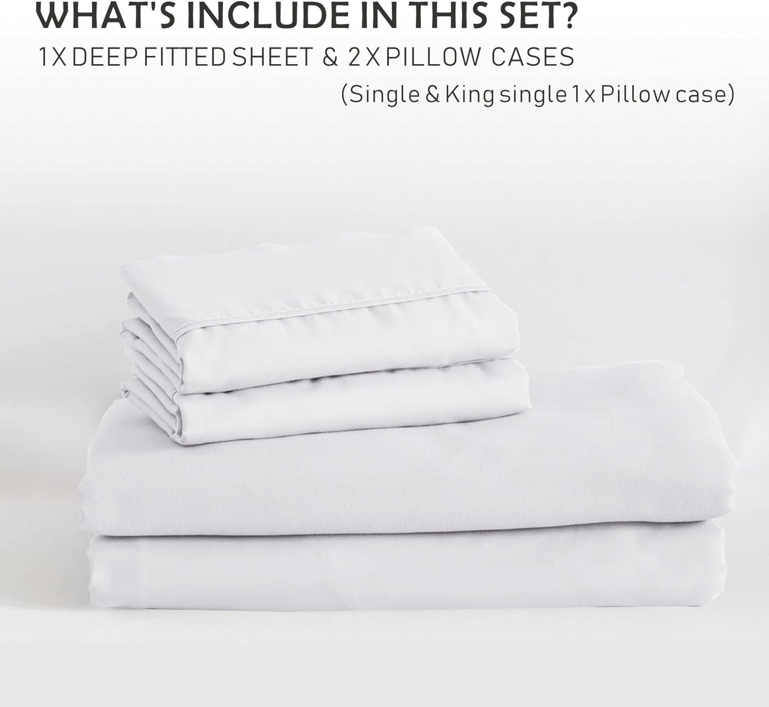 2 Piece Fitted Sheet Set- Fitted Sheet & Pillowcases -Breathable Bedding - Wrinkle, Fade, Stain Resistant- 40cm Deep Pocket Fitted Bed Sheet Set(White,King Single)