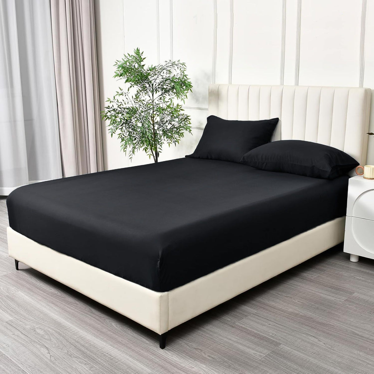 2 Piece Fitted Sheet Set- Fitted Sheet & Pillowcases -Breathable Bedding - Wrinkle, Fade, Stain Resistant- 40cm Deep Pocket Fitted Bed Sheet Set(Black,King Single)