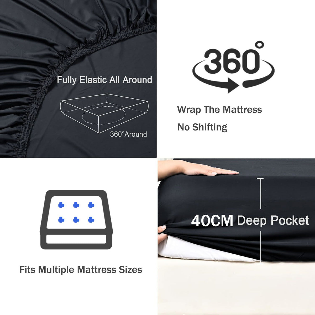 2 Piece Fitted Sheet Set- Fitted Sheet & Pillowcases -Breathable Bedding - Wrinkle, Fade, Stain Resistant- 40cm Deep Pocket Fitted Bed Sheet Set(Black,King Single)