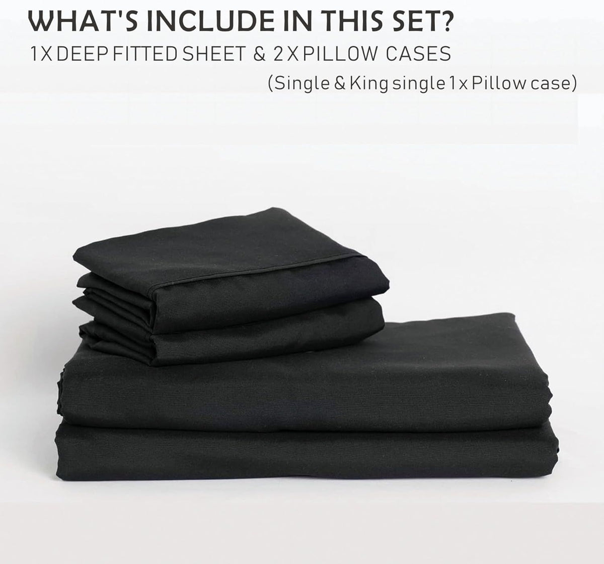 2 Piece Fitted Sheet Set- Fitted Sheet & Pillowcases -Breathable Bedding - Wrinkle, Fade, Stain Resistant- 40cm Deep Pocket Fitted Bed Sheet Set(Black,King Single)