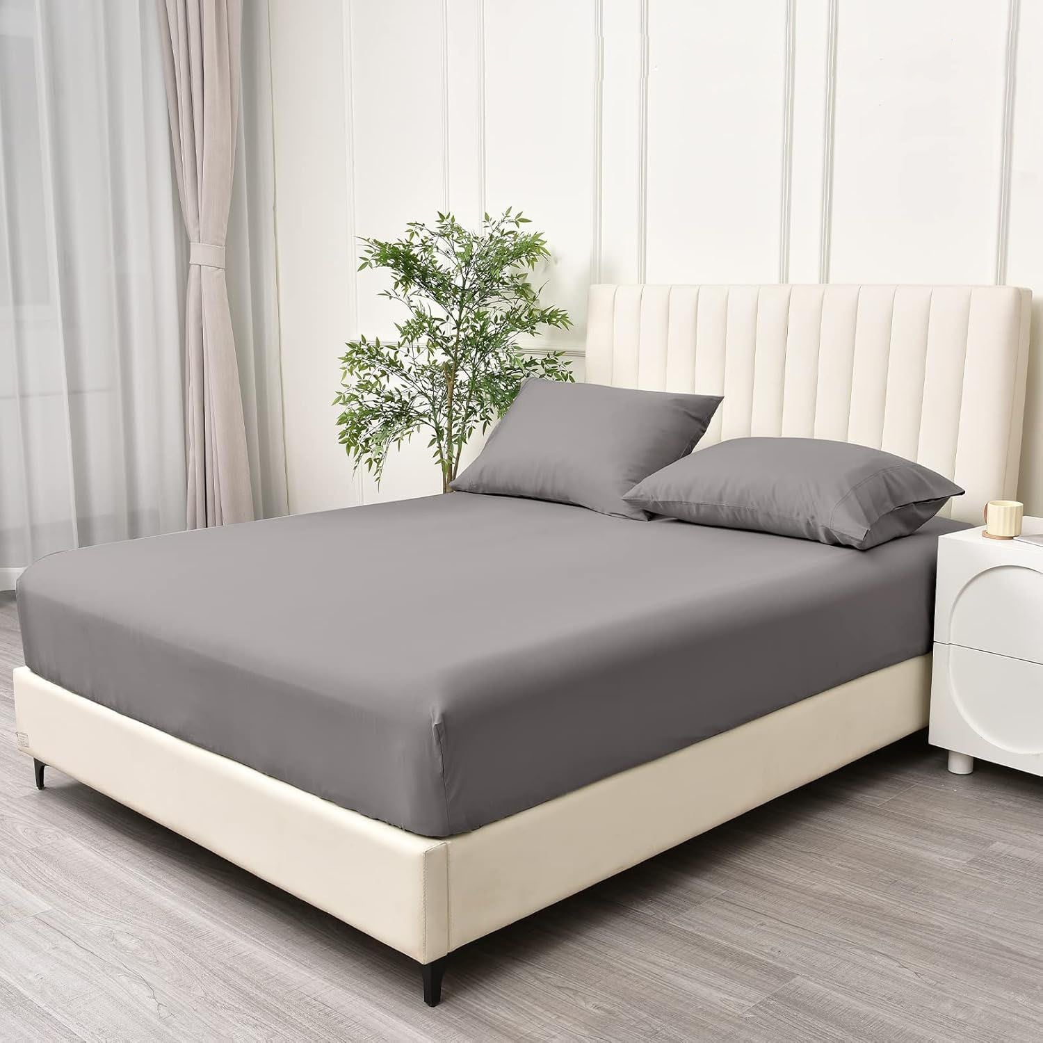 2 Piece Fitted Sheet Set- Fitted Sheet & Pillowcases -Breathable Bedding - Wrinkle, Fade, Stain Resistant- 40cm Deep Pocket Fitted Bed Sheet Set(Grey,King Single)