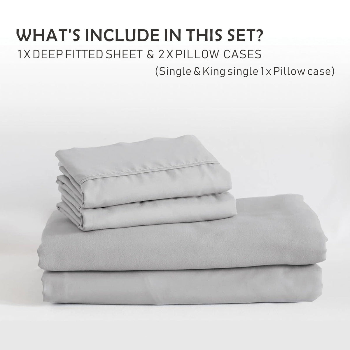 2 Piece Fitted Sheet Set- Fitted Sheet & Pillowcases -Breathable Bedding - Wrinkle, Fade, Stain Resistant- 40cm Deep Pocket Fitted Bed Sheet Set(Silver-gray,King Single)