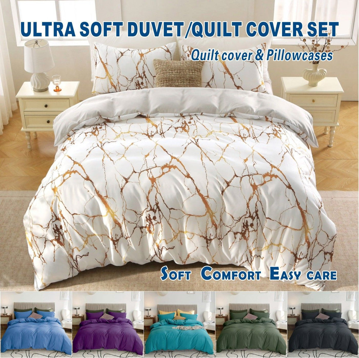 3 Piece Hotel Soft Microfiber Quilt Cover Set-2000TC Duvet/Donna Cover Set &amp; Pillowcases -1 Quilt Cover Zipper Closure &amp; 1 x Pillowcases-Breathable Bedding - Wrinkle, Fade, Stain Resistant(Marble Gleam,Queen)