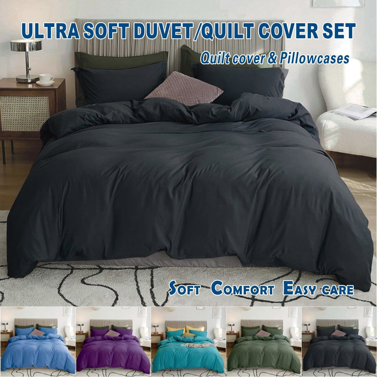 3 Piece Hotel Soft Microfiber Quilt Cover Set-2000TC Duvet/Donna Cover Set &amp; Pillowcases -1 Quilt Cover Zipper Closure &amp; 1 x Pillowcases-Breathable Bedding - Wrinkle, Fade, Stain Resistant(Black,Queen)