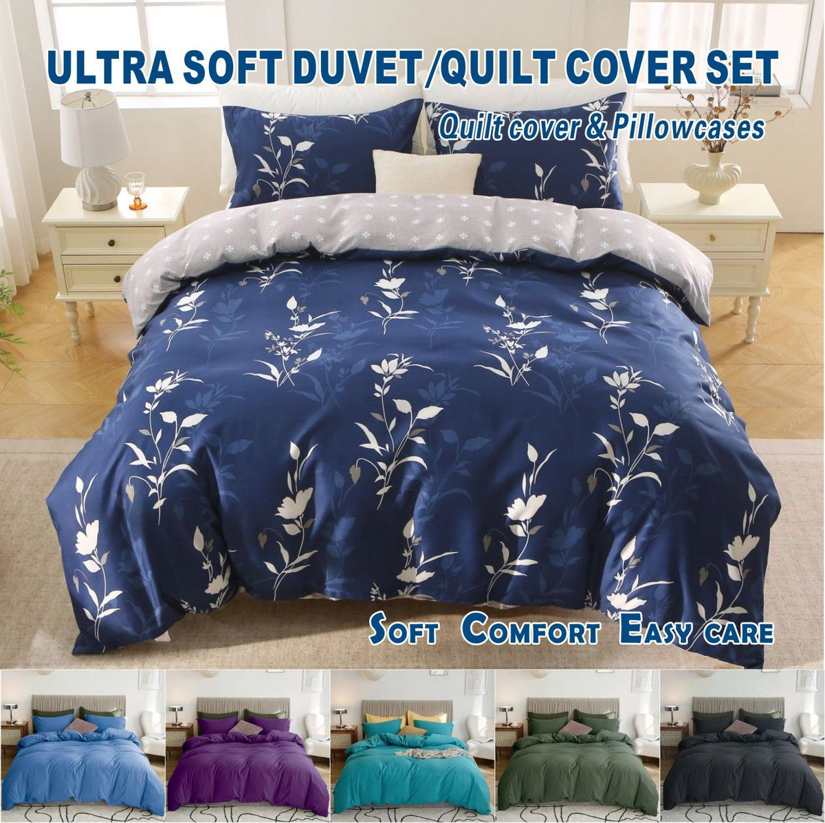 3 Piece Hotel Soft Microfiber Quilt Cover Set-2000TC Duvet/Donna Cover Set &amp; Pillowcases -1 Quilt Cover Zipper Closure &amp; 1 x Pillowcases-Breathable Bedding - Wrinkle, Fade, Stain Resistant(Navy Floral,Queen)