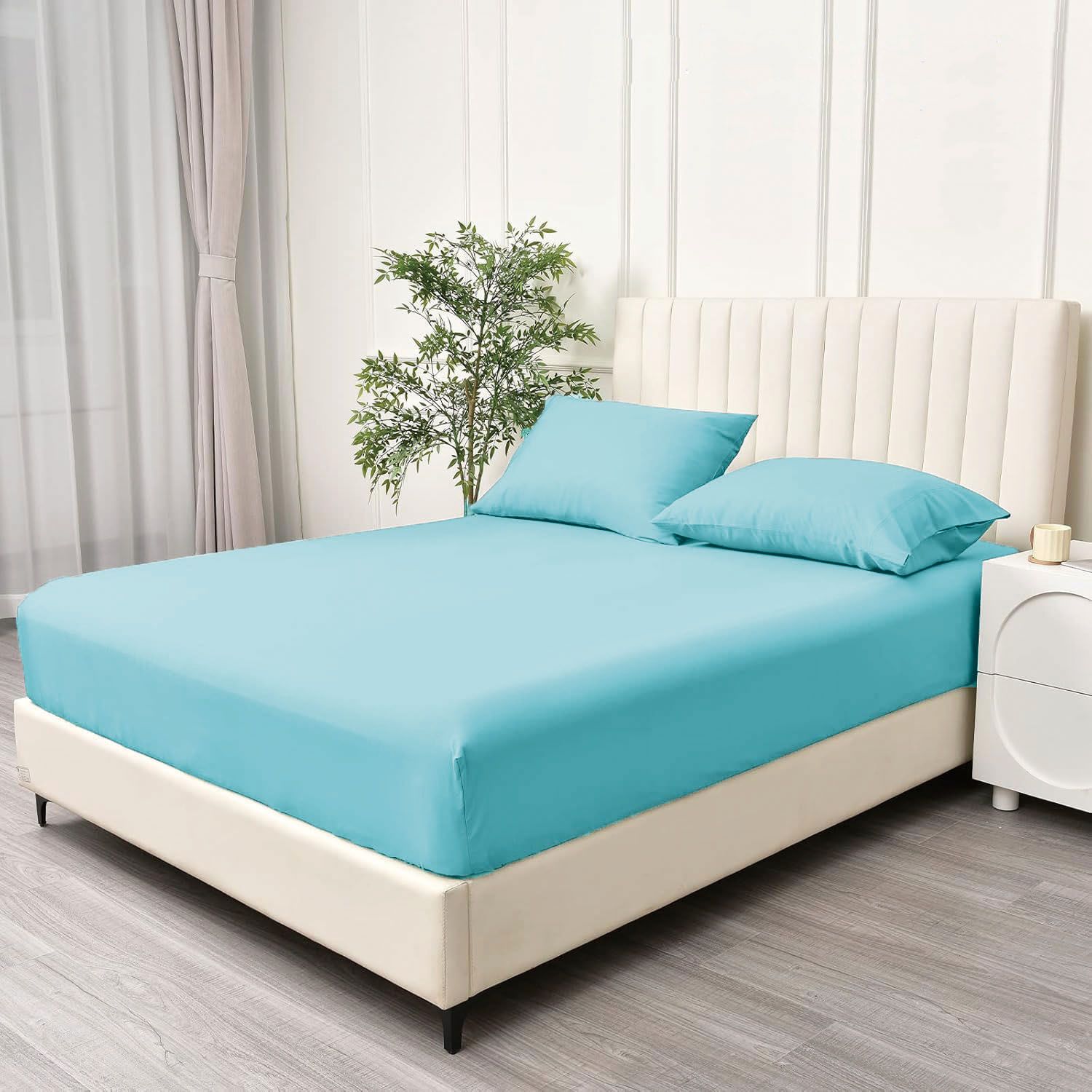 3 Piece Fitted Sheet Set- Fitted Sheet & Pillowcases -Breathable Bedding - Wrinkle, Fade, Stain Resistant- 40cm Deep Pocket Fitted Bed Sheet Set(Ice blue,Queen)