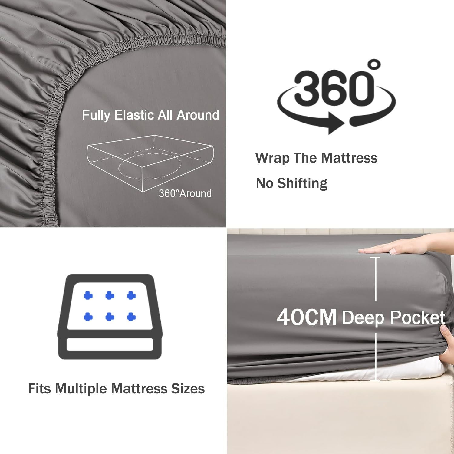 3 Piece Fitted Sheet Set- Fitted Sheet & Pillowcases -Breathable Bedding - Wrinkle, Fade, Stain Resistant- 40cm Deep Pocket Fitted Bed Sheet Set(Grey,Queen)