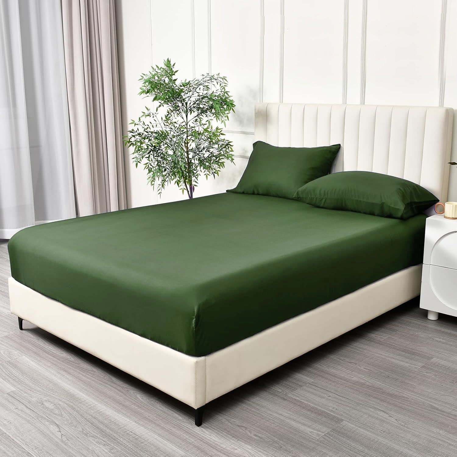 3 Piece Fitted Sheet Set- Fitted Sheet & Pillowcases -Breathable Bedding - Wrinkle, Fade, Stain Resistant- 40cm Deep Pocket Fitted Bed Sheet Set(Olive green,Queen)