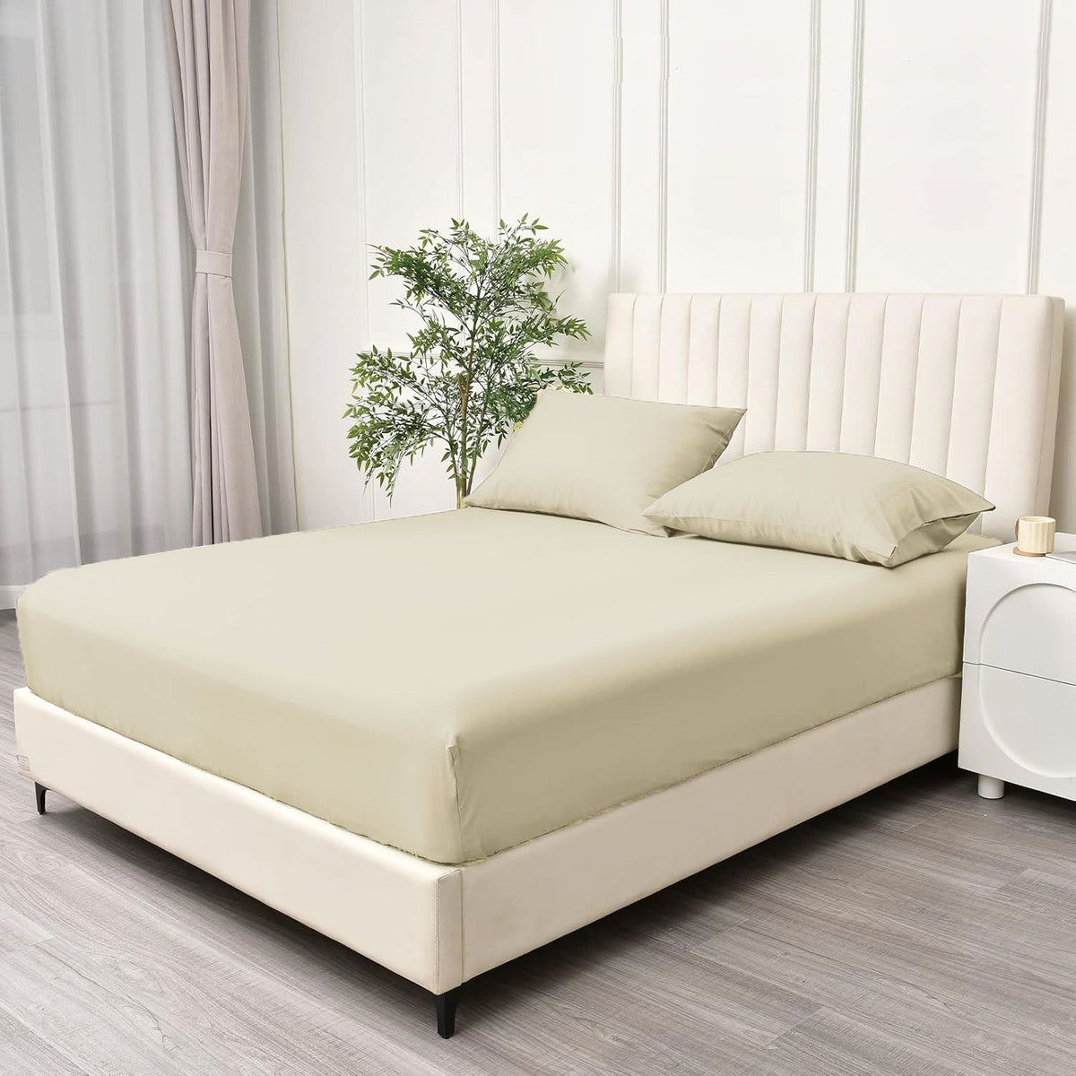 3 Piece Fitted Sheet Set- Fitted Sheet & Pillowcases -Breathable Bedding - Wrinkle, Fade, Stain Resistant- 40cm Deep Pocket Fitted Bed Sheet Set(Cream White,Queen)