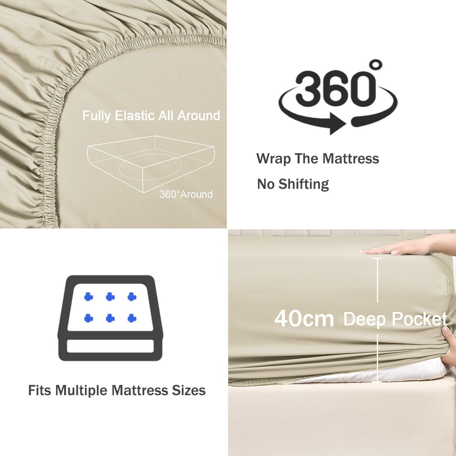 3 Piece Fitted Sheet Set- Fitted Sheet & Pillowcases -Breathable Bedding - Wrinkle, Fade, Stain Resistant- 40cm Deep Pocket Fitted Bed Sheet Set(Cream White,Queen)