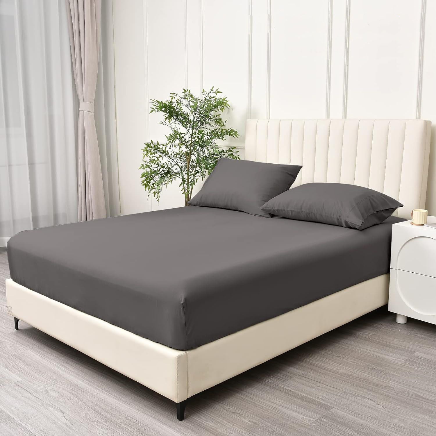 3 Piece Fitted Sheet Set- Fitted Sheet & Pillowcases -Breathable Bedding - Wrinkle, Fade, Stain Resistant- 40cm Deep Pocket Fitted Bed Sheet Set(Dark gray,Queen)