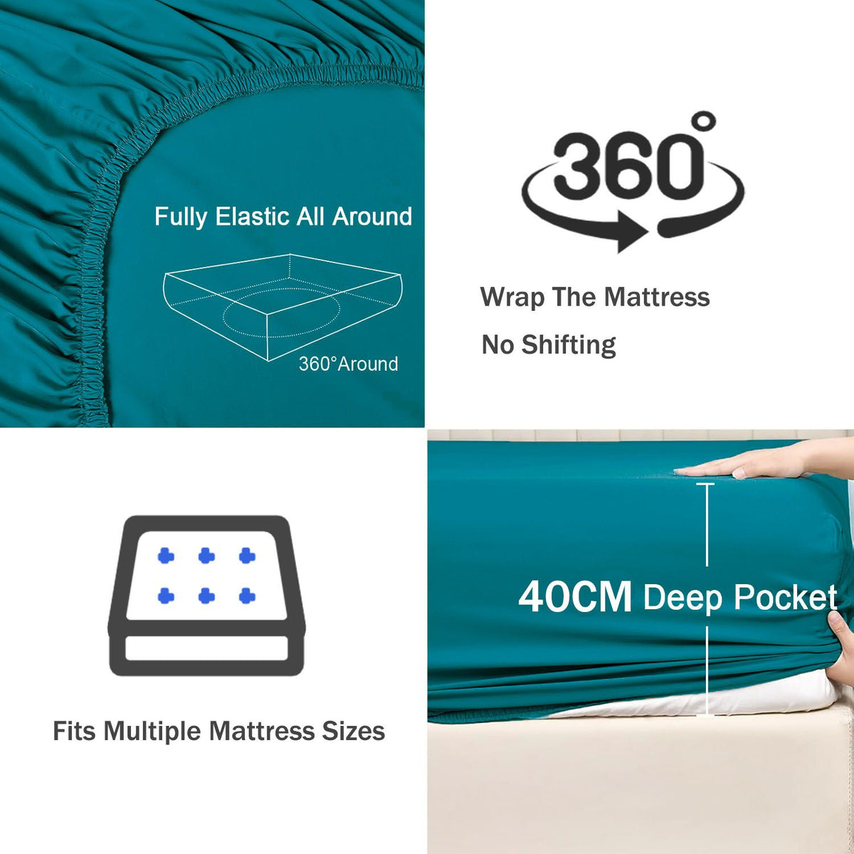 3 Piece Fitted Sheet Set- Fitted Sheet & Pillowcases -Breathable Bedding - Wrinkle, Fade, Stain Resistant- 40cm Deep Pocket Fitted Bed Sheet Set(Biscay blue,Queen)