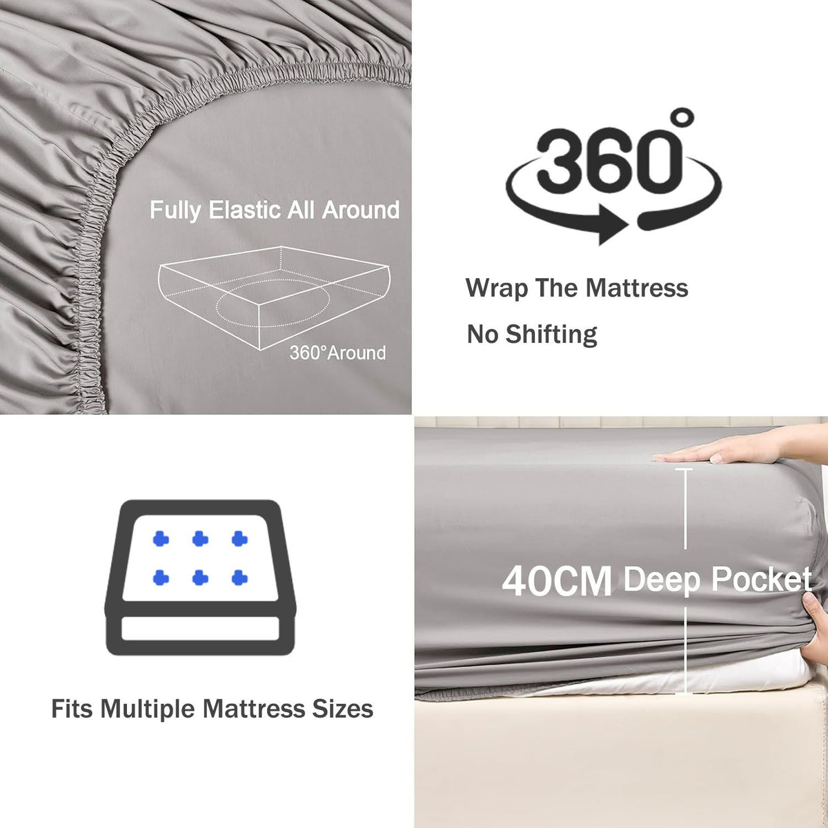 3 Piece Fitted Sheet Set- Fitted Sheet & Pillowcases -Breathable Bedding - Wrinkle, Fade, Stain Resistant- 40cm Deep Pocket Fitted Bed Sheet Set(Silver-gray,Queen)