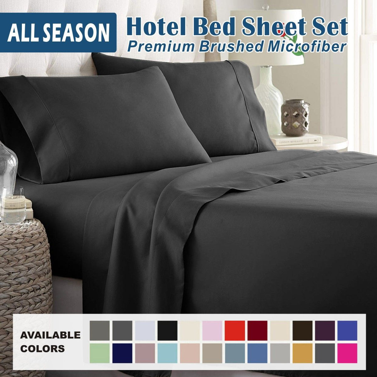 4 Piece Bed Sheet Set- Bedding Sheets &amp; Pillowcases -Breathable Bedding - Wrinkle, Fade, Stain Resistant-Deep Pocket Flat Fitted Bed Sheet Set(Black,Queen)