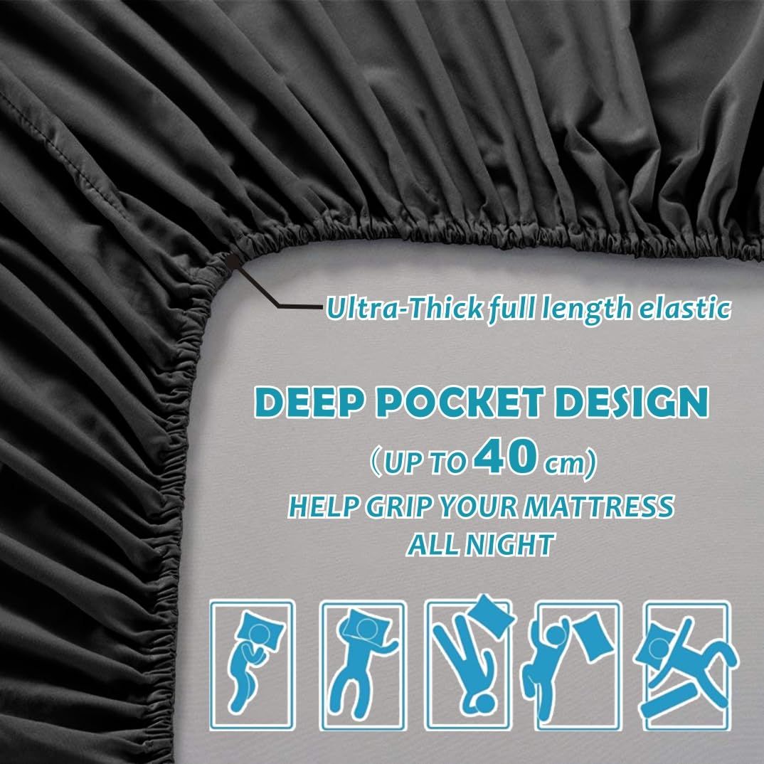 Hotel Quality Fitted Sheet - 1 Piece Fitted Sheet  -Breathable Bedding - Wrinkle, Fade, Stain Resistant- 16inch/40cm Deep Pocket Fitted Bed Sheet-Wrinkle and Fade Resistant,(Black,Queen)
