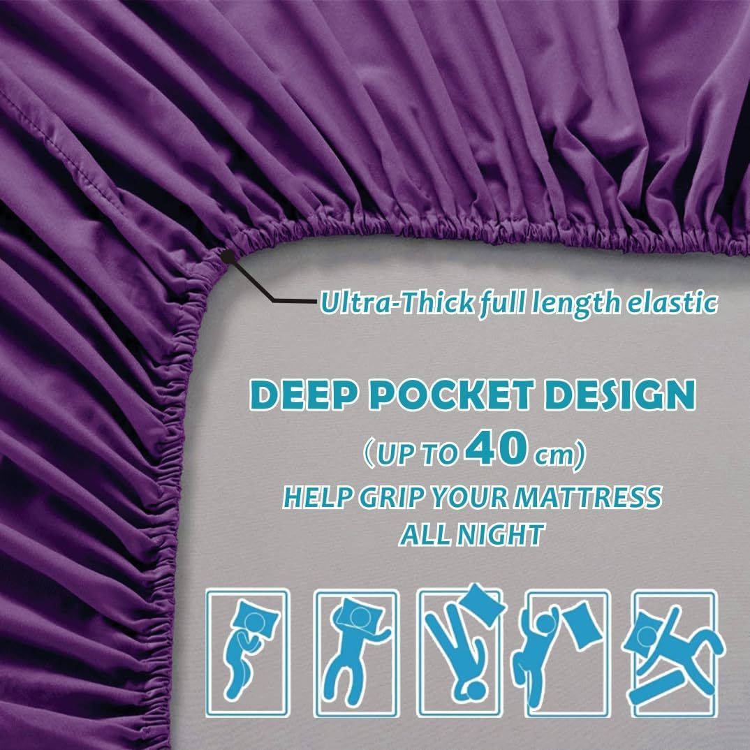 Hotel Quality Fitted Sheet - 1 Piece Fitted Sheet  -Breathable Bedding - Wrinkle, Fade, Stain Resistant- 16inch/40cm Deep Pocket Fitted Bed Sheet-Wrinkle and Fade Resistant,(Purple,Queen)