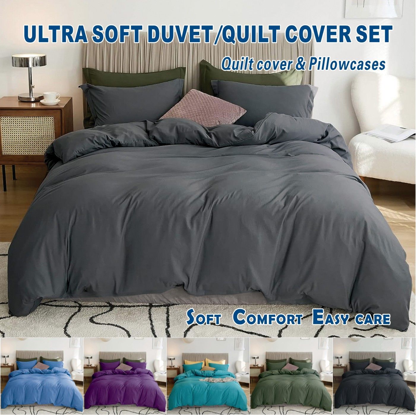 2 Piece Hotel Soft Microfiber Quilt Cover Set-2000TC Duvet/Donna Cover Set & Pillowcases -1 Quilt Cover Zipper Closure & 1 x Pillowcases-Breathable Bedding - Wrinkle, Fade, Stain Resistant(Dark gray,Single)