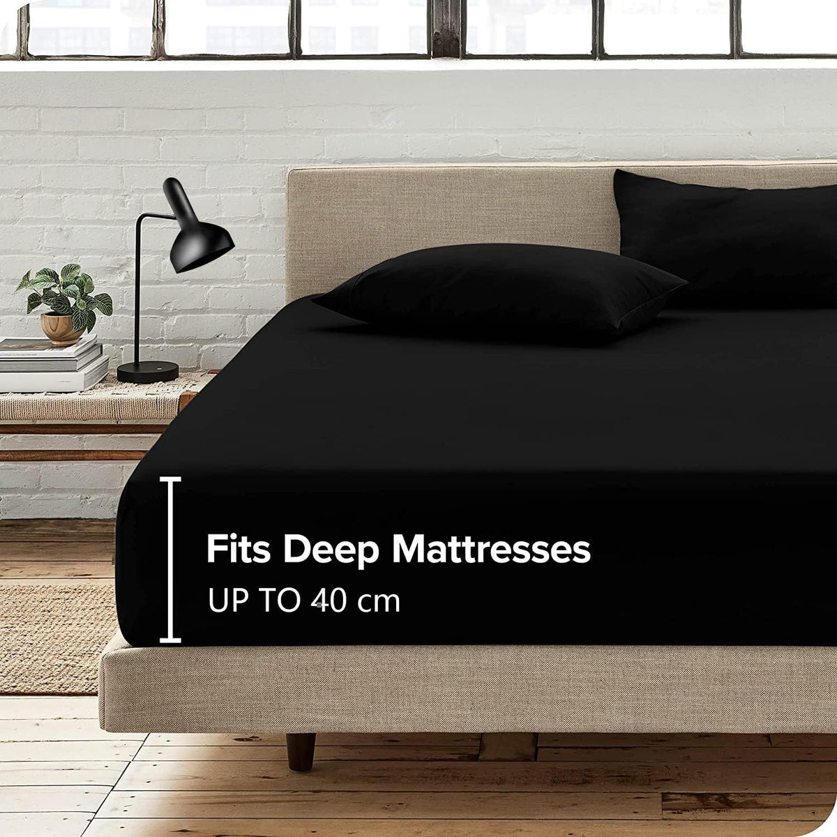2 Piece Fitted Sheet Set- Fitted Sheet &amp; Pillowcases -Breathable Bedding - Wrinkle, Fade, Stain Resistant- 40cm Deep Pocket Fitted Bed Sheet Set(Black,Single)