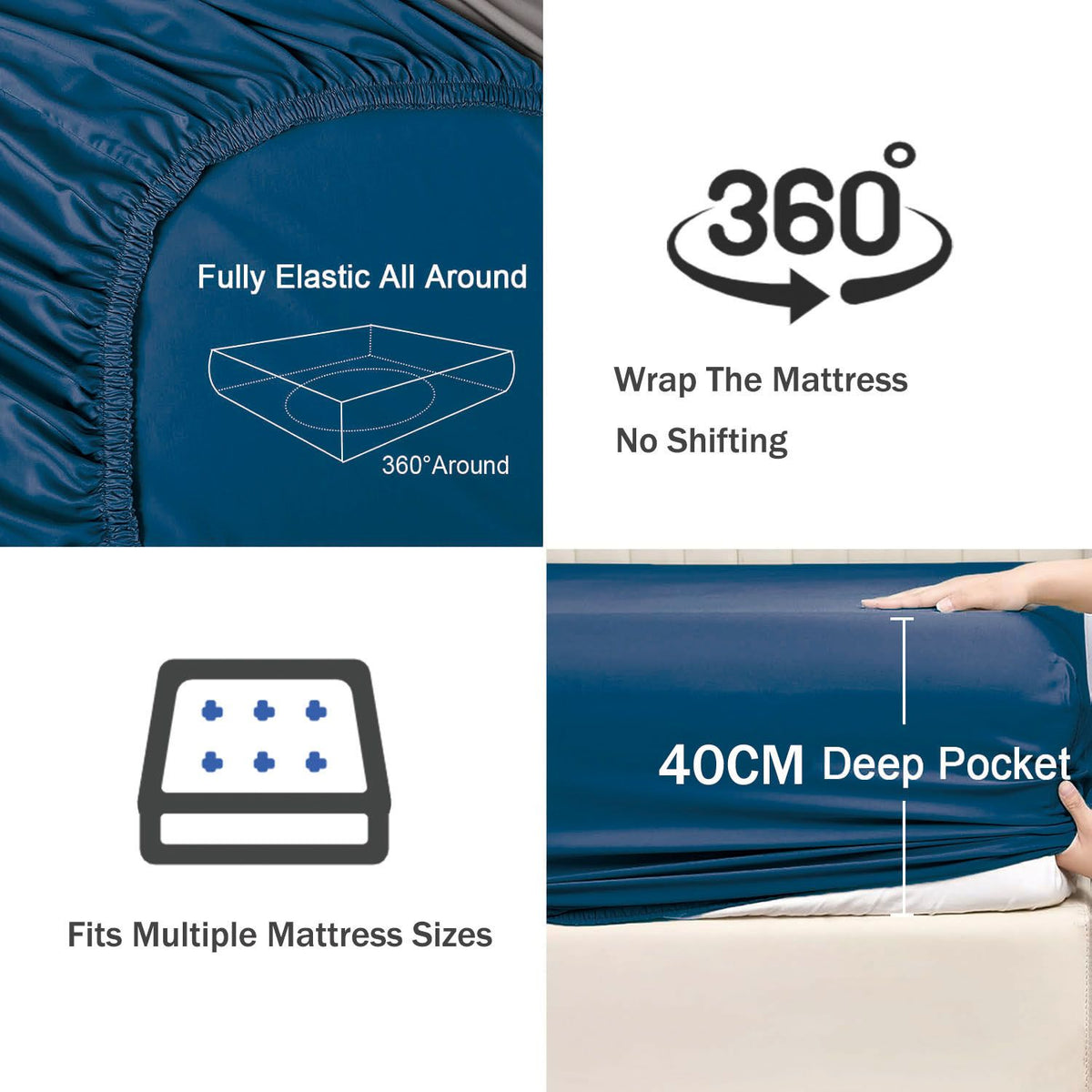 2 Piece Fitted Sheet Set- Fitted Sheet & Pillowcases -Breathable Bedding - Wrinkle, Fade, Stain Resistant- 40cm Deep Pocket Fitted Bed Sheet Set(Navy,Single)