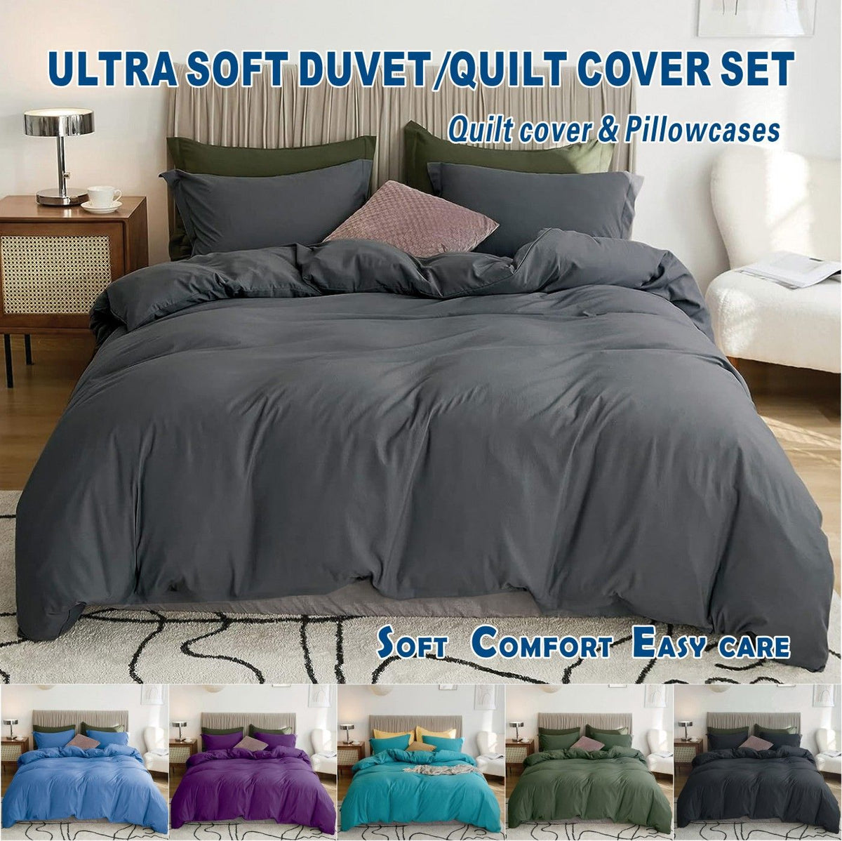 3 Piece Hotel Soft Microfiber Quilt Cover Set-2000TC Duvet/Donna Cover Set &amp; Pillowcases -1 Quilt Cover Zipper Closure &amp; 1 x Pillowcases-Breathable Bedding - Wrinkle, Fade, Stain Resistant(Dark gray,Super King)