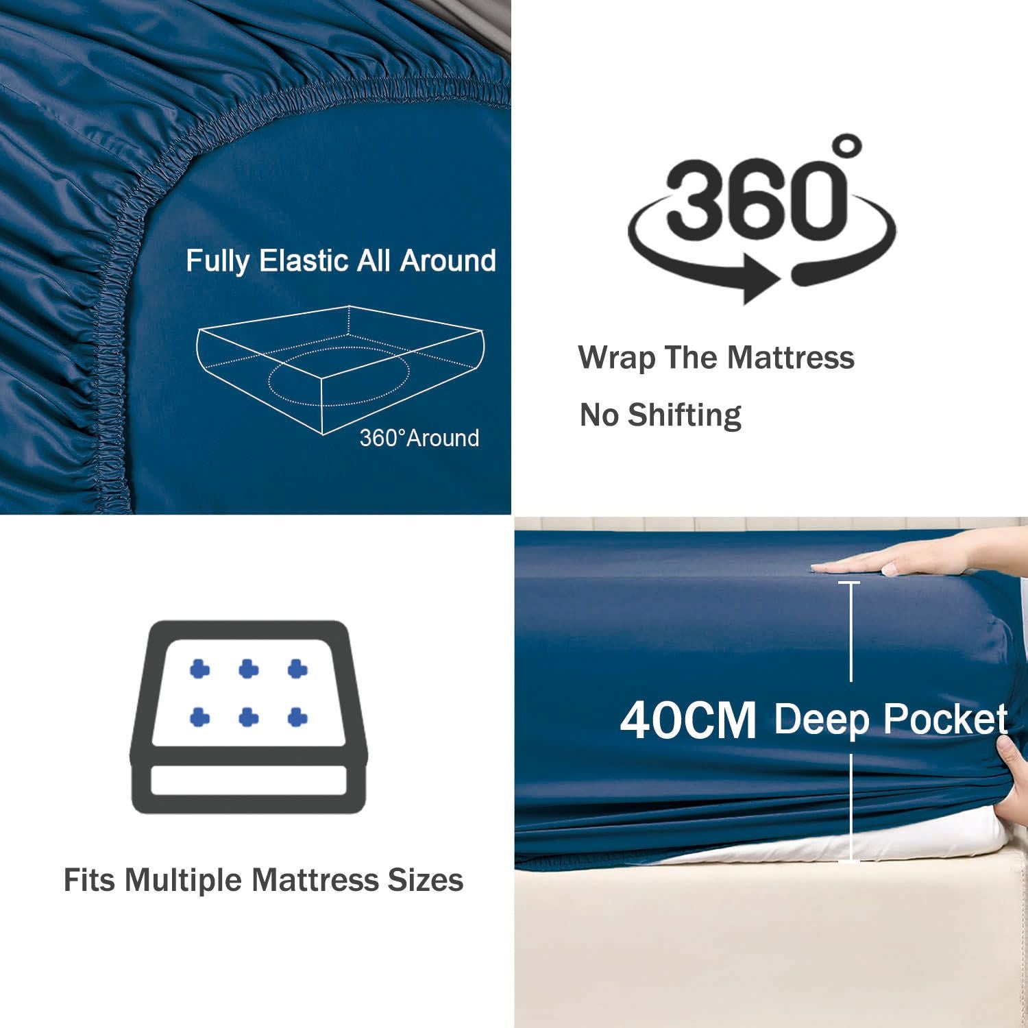 3 Piece Fitted Sheet Set- Fitted Sheet & Pillowcases -Breathable Bedding - Wrinkle, Fade, Stain Resistant- 40cm Deep Pocket Fitted Bed Sheet Set(Navy,Super King)