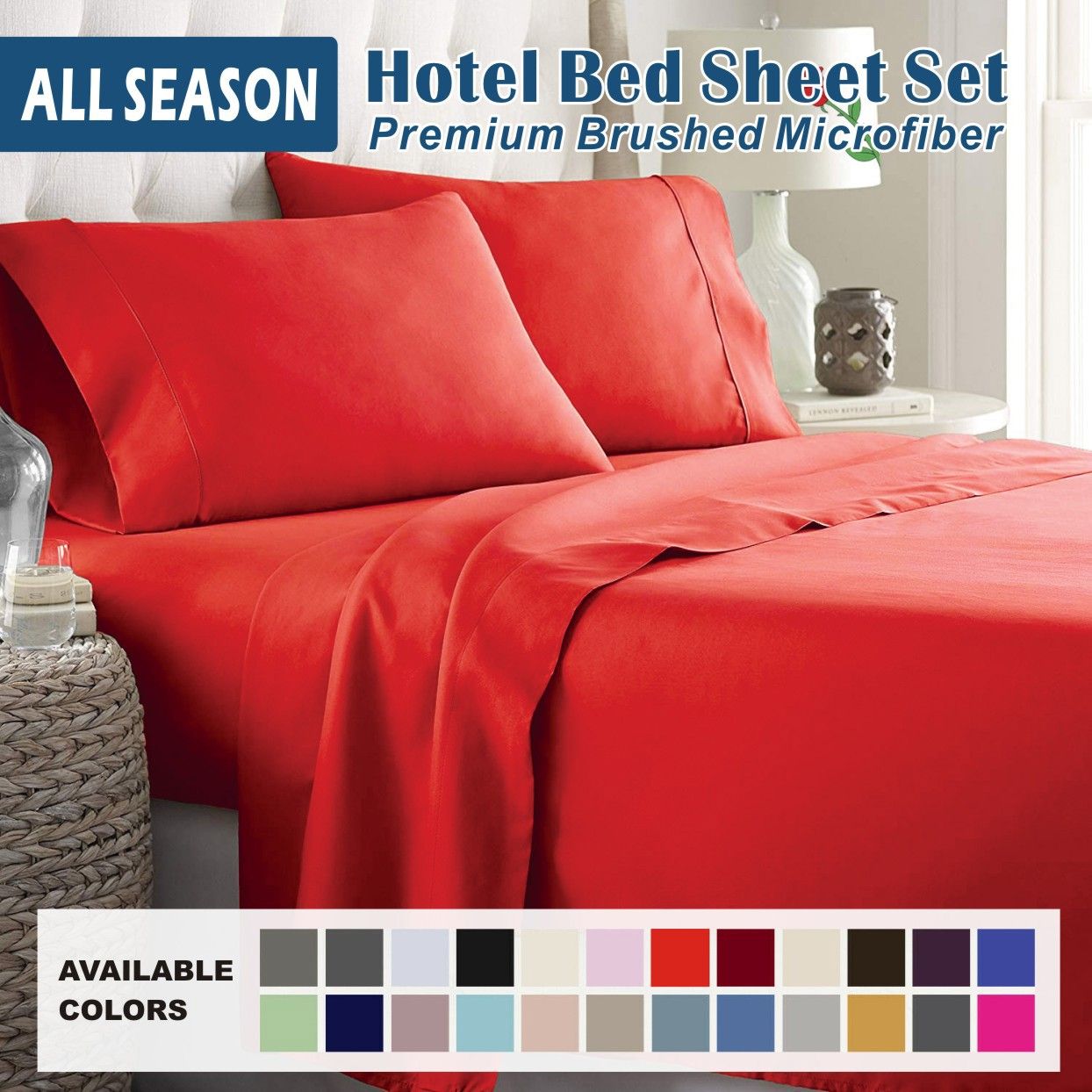 4 Piece Bed Sheet Set- Bedding Sheets & Pillowcases -Breathable Bedding - Wrinkle, Fade, Stain Resistant-Deep Pocket Flat Fitted Bed Sheet Set(Red,Super King)