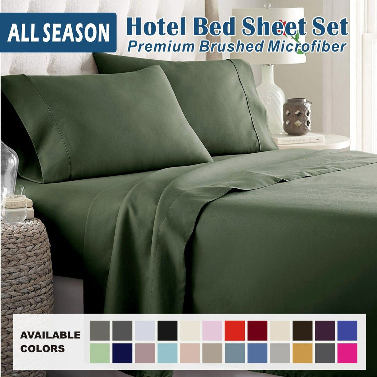 4 Piece Bed Sheet Set- Bedding Sheets &amp; Pillowcases -Breathable Bedding - Wrinkle, Fade, Stain Resistant-Deep Pocket Flat Fitted Bed Sheet Set(Olive green,Super King)