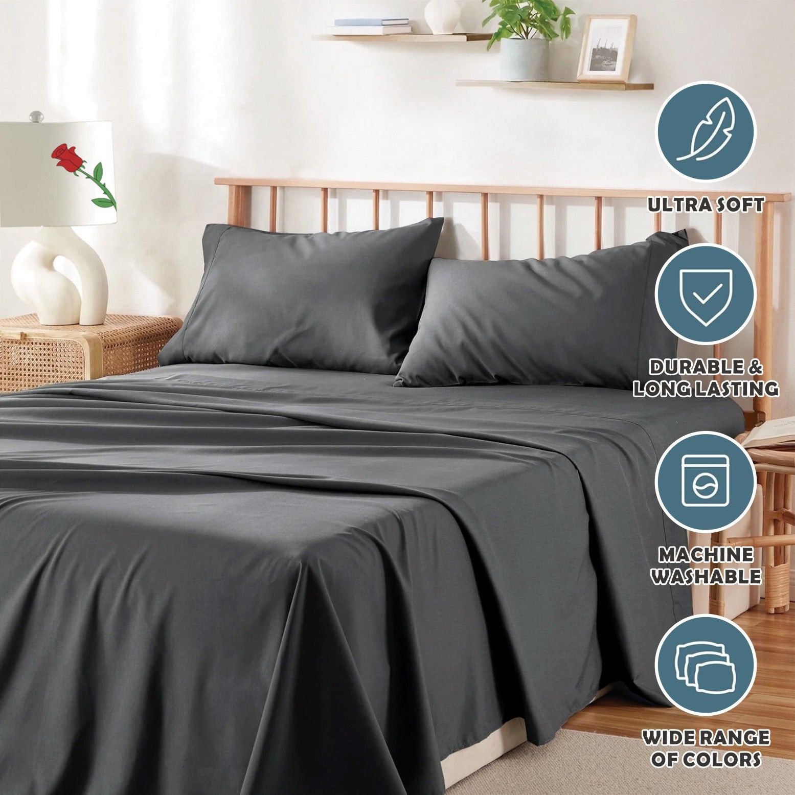4 Piece Bed Sheet Set- Bedding Sheets & Pillowcases -Breathable Bedding - Wrinkle, Fade, Stain Resistant-Deep Pocket Flat Fitted Bed Sheet Set(Dark gray,Super King)