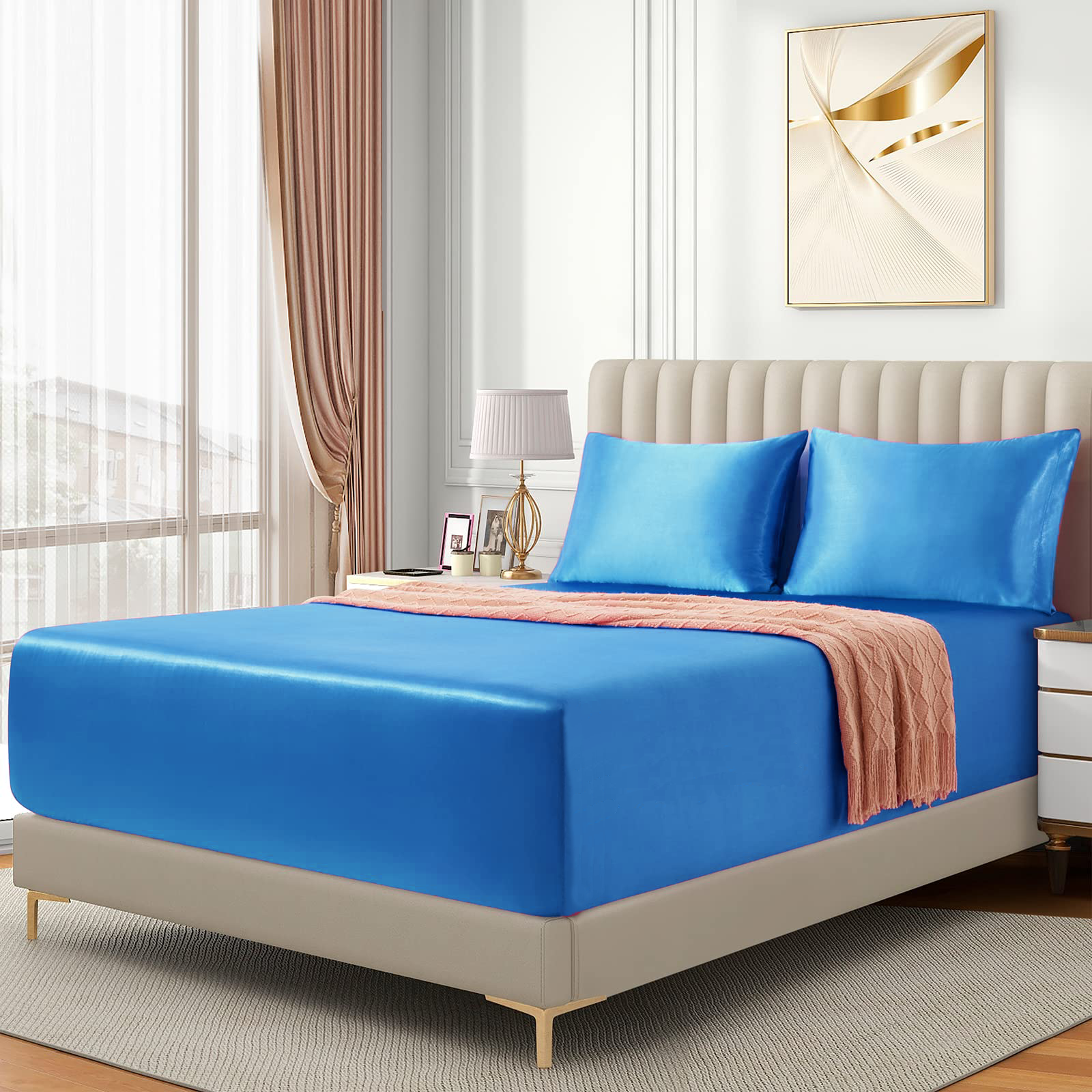 Satin Fitted Sheet Set Hotel 3 Pieces Fitted Sheet with Pillowcase, Art Silk Bedding Set-Luxury Soft Silky Sheets for Hair and Skin, Similar to Silk Fitted Sheets Set 3 Pieces(Double,Ocean)