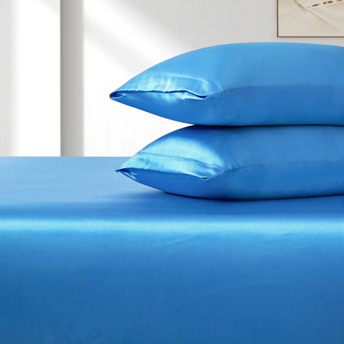 Satin Fitted Sheet Set Hotel 3 Pieces Fitted Sheet with Pillowcase, Art Silk Bedding Set-Luxury Soft Silky Sheets for Hair and Skin, Similar to Silk Fitted Sheets Set 3 Pieces(Double,Ocean)